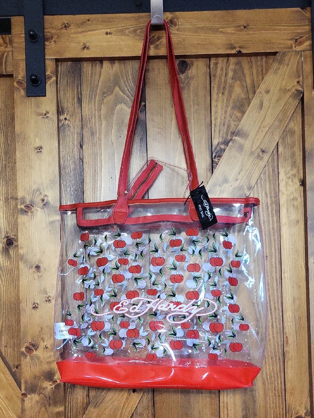 Ed Hardy Clear Tote with Red Cherry Trim With Pouch
